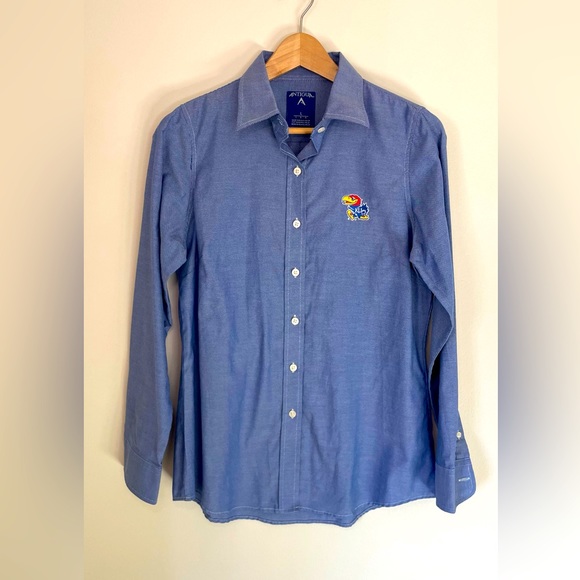 Antigua Kansas Jayhawks‎ Button-Up Shirt Long Sleeve Bird Logo Blue Size Large - Picture 1 of 5